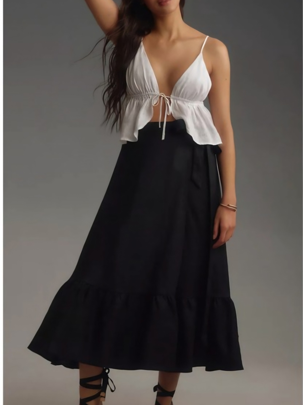 Reformation New Black High Waisted Julep Linen Midi Skirt with Ruffle Hem